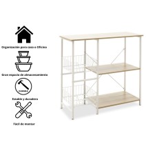 Estanteria de Cocina con 2 Cestas de Malla Metálica Blanca, 3 Estantes y Ganchos 80x34x75cm Color Madera y Blanco